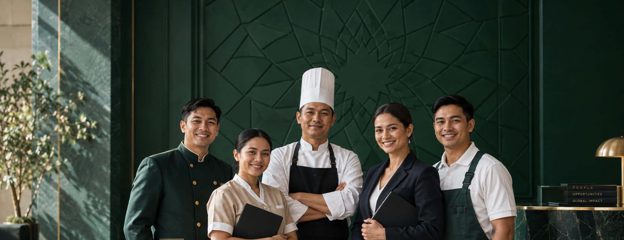 Hospitality professionals together in a hotel lobby