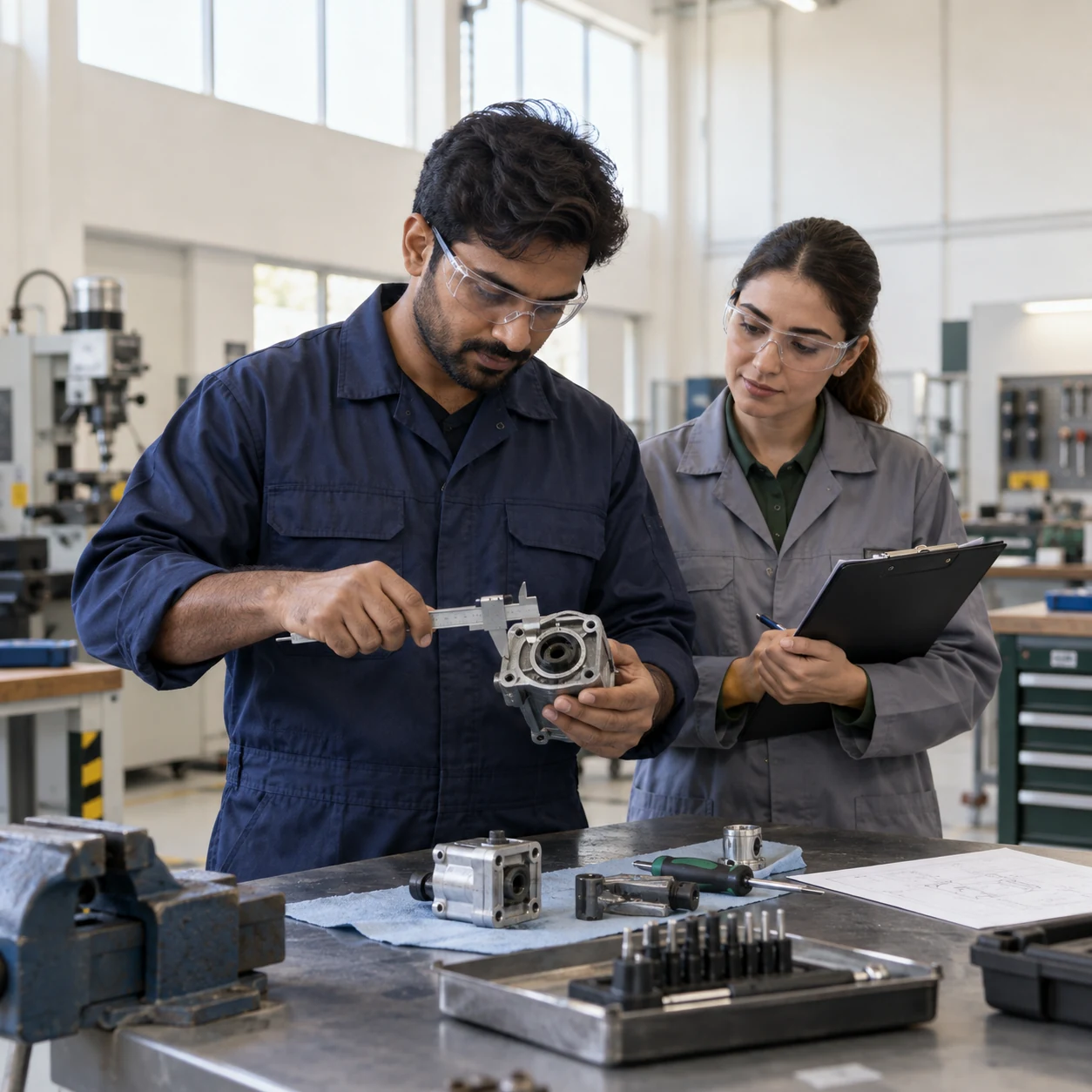 Technician demonstrating precision measurement skills while an assessor observes in a workshop